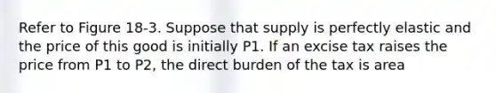 Refer to Figure 18-3. Suppose that supply is perfectly elastic and the price of this good is initially P1. If an excise tax raises the price from P1 to P2, the direct burden of the tax is area