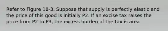 Refer to Figure 18-3. Suppose that supply is perfectly elastic and the price of this good is initially P2. If an excise tax raises the price from P2 to P3, the excess burden of the tax is area