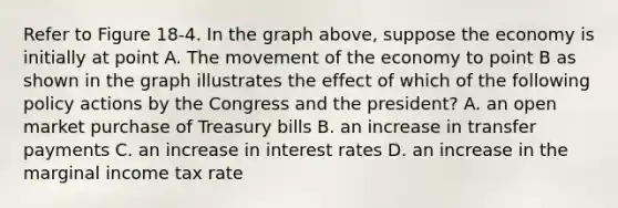 Refer to Figure 18-4. In the graph above, suppose the economy is initially at point A. The movement of the economy to point B as shown in the graph illustrates the effect of which of the following policy actions by the Congress and the president? A. an open market purchase of Treasury bills B. an increase in transfer payments C. an increase in interest rates D. an increase in the marginal income tax rate