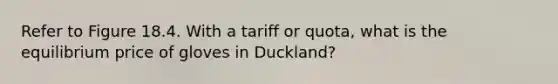 Refer to Figure 18.4. With a tariff or​ quota, what is the equilibrium price of gloves in​ Duckland?