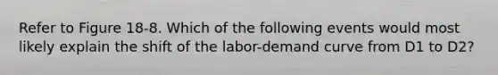 Refer to Figure 18-8. Which of the following events would most likely explain the shift of the labor-demand curve from D1 to D2?