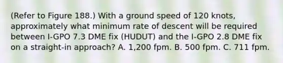 (Refer to Figure 188.) With a ground speed of 120 knots, approximately what minimum rate of descent will be required between I-GPO 7.3 DME fix (HUDUT) and the I-GPO 2.8 DME fix on a straight-in approach? A. 1,200 fpm. B. 500 fpm. C. 711 fpm.