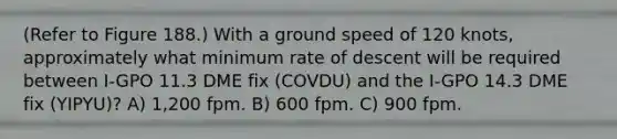 (Refer to Figure 188.) With a ground speed of 120 knots, approximately what minimum rate of descent will be required between I-GPO 11.3 DME fix (COVDU) and the I-GPO 14.3 DME fix (YIPYU)? A) 1,200 fpm. B) 600 fpm. C) 900 fpm.