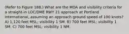 (Refer to Figure 188.) What are the MDA and visibility criteria for a straight-in LOC/DME RWY 21 approach at Portland International, assuming an approach ground speed of 100 knots? A) 1,120 feet MSL; visibility 1 SM. B) 700 feet MSL; visibility 1 SM. C) 700 feet MSL; visibility 1 NM.