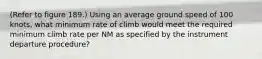 (Refer to figure 189.) Using an average ground speed of 100 knots, what minimum rate of climb would meet the required minimum climb rate per NM as specified by the instrument departure procedure?