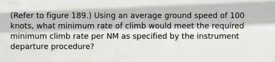 (Refer to figure 189.) Using an average ground speed of 100 knots, what minimum rate of climb would meet the required minimum climb rate per NM as specified by the instrument departure procedure?