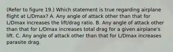 (Refer to figure 19.) Which statement is true regarding airplane flight at L/Dmax? A. Any angle of attack other than that for L/Dmax increases the lift/drag ratio. B. Any angle of attack other than that for L/Dmax increases total drag for a given airplane's lift. C. Any angle of attack other than that for L/Dmax increases parasite drag.