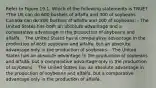 Refer to Figure 19.1. Which of the following statements is TRUE? *The US can do 600 bushels of alfalfa and 300 of soybeans Canada can do 200 bushels of alfalfa and 200 of soybeans: - The United States has both an absolute advantage and a comparative advantage in the production of soybeans and alfalfa. - The United States has a comparative advantage in the production of both soybeans and alfalfa, but an absolute advantage only in the production of soybeans. - The United States has an absolute advantage in the production of soybeans and alfalfa, but a comparative advantage only in the production of soybeans. - The United States has an absolute advantage in the production of soybeans and alfalfa, but a comparative advantage only in the production of alfalfa.