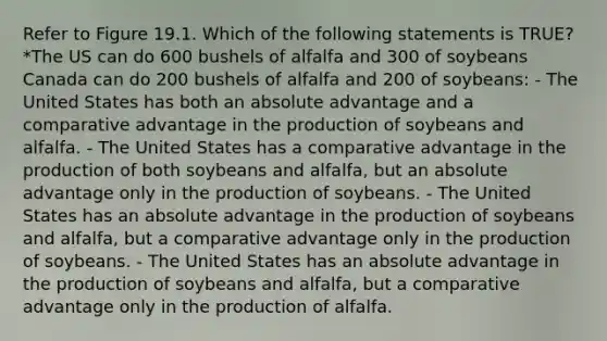 Refer to Figure 19.1. Which of the following statements is TRUE? *The US can do 600 bushels of alfalfa and 300 of soybeans Canada can do 200 bushels of alfalfa and 200 of soybeans: - The United States has both an absolute advantage and a comparative advantage in the production of soybeans and alfalfa. - The United States has a comparative advantage in the production of both soybeans and alfalfa, but an absolute advantage only in the production of soybeans. - The United States has an absolute advantage in the production of soybeans and alfalfa, but a comparative advantage only in the production of soybeans. - The United States has an absolute advantage in the production of soybeans and alfalfa, but a comparative advantage only in the production of alfalfa.