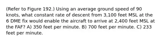 (Refer to Figure 192.) Using an average ground speed of 90 knots, what constant rate of descent from 3,100 feet MSL at the 6 DME fix would enable the aircraft to arrive at 2,400 feet MSL at the FAF? A) 350 feet per minute. B) 700 feet per minute. C) 233 feet per minute.