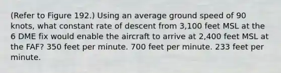 (Refer to Figure 192.) Using an average ground speed of 90 knots, what constant rate of descent from 3,100 feet MSL at the 6 DME fix would enable the aircraft to arrive at 2,400 feet MSL at the FAF? 350 feet per minute. 700 feet per minute. 233 feet per minute.