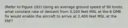 (Refer to Figure 192) Using an average ground speed of 90 knots, what constant rate of descent from 3,100 feet MSL at the 6 DME fix would enable the aircraft to arrive at 2,400 feet MSL at the FAF?