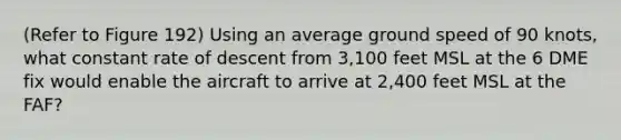 (Refer to Figure 192) Using an average ground speed of 90 knots, what constant rate of descent from 3,100 feet MSL at the 6 DME fix would enable the aircraft to arrive at 2,400 feet MSL at the FAF?