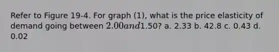 Refer to Figure 19-4. For graph (1), what is the price elasticity of demand going between 2.00 and1.50? a. 2.33 b. 42.8 c. 0.43 d. 0.02