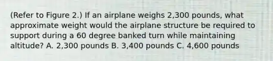 (Refer to Figure 2.) If an airplane weighs 2,300 pounds, what approximate weight would the airplane structure be required to support during a 60 degree banked turn while maintaining altitude? A. 2,300 pounds B. 3,400 pounds C. 4,600 pounds