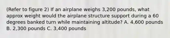 (Refer to figure 2) If an airplane weighs 3,200 pounds, what approx weight would the airplane structure support during a 60 degrees banked turn while maintaining altitude? A. 4,600 pounds B. 2,300 pounds C. 3,400 pounds