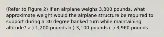 (Refer to Figure 2) If an airplane weighs 3,300 pounds, what approximate weight would the airplane structure be required to support during a 30 degree banked turn while maintaining altitude? a.) 1,200 pounds b.) 3,100 pounds c.) 3,960 pounds