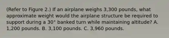 (Refer to Figure 2.) If an airplane weighs 3,300 pounds, what approximate weight would the airplane structure be required to support during a 30° banked turn while maintaining altitude? A. 1,200 pounds. B. 3,100 pounds. C. 3,960 pounds.