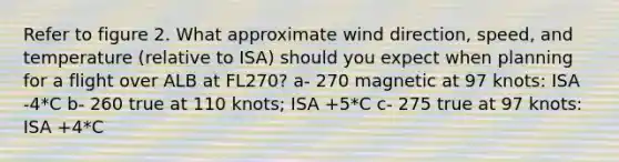 Refer to figure 2. What approximate wind direction, speed, and temperature (relative to ISA) should you expect when planning for a flight over ALB at FL270? a- 270 magnetic at 97 knots: ISA -4*C b- 260 true at 110 knots; ISA +5*C c- 275 true at 97 knots: ISA +4*C