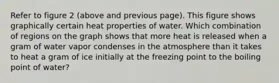 Refer to figure 2 (above and previous page). This figure shows graphically certain heat properties of water. Which combination of regions on the graph shows that more heat is released when a gram of water vapor condenses in the atmosphere than it takes to heat a gram of ice initially at the freezing point to the boiling point of water?