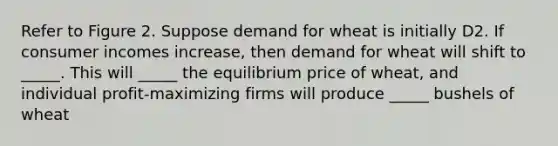 Refer to Figure 2. Suppose demand for wheat is initially D2. If consumer incomes increase, then demand for wheat will shift to _____. This will _____ the equilibrium price of wheat, and individual profit-maximizing firms will produce _____ bushels of wheat