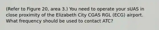 (Refer to Figure 20, area 3.) You need to operate your sUAS in close proximity of the Elizabeth City CGAS RGL (ECG) airport. What frequency should be used to contact ATC?