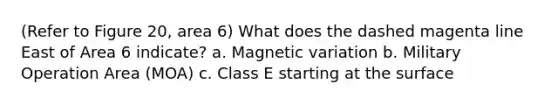 (Refer to Figure 20, area 6) What does the dashed magenta line East of Area 6 indicate? a. Magnetic variation b. Military Operation Area (MOA) c. Class E starting at the surface