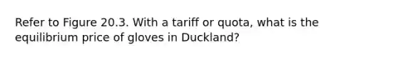 Refer to Figure 20.3. With a tariff or quota, what is the equilibrium price of gloves in Duckland?