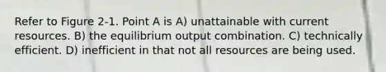 Refer to Figure 2-1. Point A is A) unattainable with current resources. B) the equilibrium output combination. C) technically efficient. D) inefficient in that not all resources are being used.