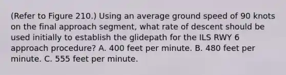 (Refer to Figure 210.) Using an average ground speed of 90 knots on the final approach segment, what rate of descent should be used initially to establish the glidepath for the ILS RWY 6 approach procedure? A. 400 feet per minute. B. 480 feet per minute. C. 555 feet per minute.