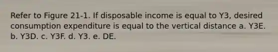 Refer to Figure 21-1. If disposable income is equal to Y3, desired consumption expenditure is equal to the vertical distance a. Y3E. b. Y3D. c. Y3F. d. Y3. e. DE.