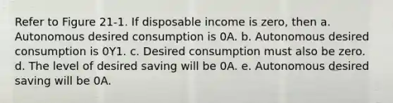 Refer to Figure 21-1. If disposable income is zero, then a. Autonomous desired consumption is 0A. b. Autonomous desired consumption is 0Y1. c. Desired consumption must also be zero. d. The level of desired saving will be 0A. e. Autonomous desired saving will be 0A.