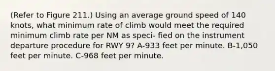 (Refer to Figure 211.) Using an average ground speed of 140 knots, what minimum rate of climb would meet the required minimum climb rate per NM as speci- fied on the instrument departure procedure for RWY 9? A-933 feet per minute. B-1,050 feet per minute. C-968 feet per minute.