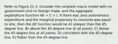 Refer to Figure 21-3. Consider the simplest macro model with no government and no foreign trade, and the aggregate expenditure function AE = C + I. If there was zero autonomous expenditure and the marginal propensity to consume was equal to one, then the AE function would be A) steeper than the 45-degree line. B) above the 45-degree line at all points. C) below the 45-degree line at all points. D) coincident with the 45-degree line. E) flatter than the 45-degree line