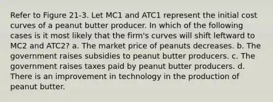 Refer to Figure 21-3. Let MC1 and ATC1 represent the initial cost curves of a peanut butter producer. In which of the following cases is it most likely that the firm's curves will shift leftward to MC2 and ATC2? a. The market price of peanuts decreases. b. The government raises subsidies to peanut butter producers. c. The government raises taxes paid by peanut butter producers. d. There is an improvement in technology in the production of peanut butter.