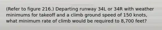 (Refer to figure 216.) Departing runway 34L or 34R with weather minimums for takeoff and a climb ground speed of 150 knots, what minimum rate of climb would be required to 8,700 feet?