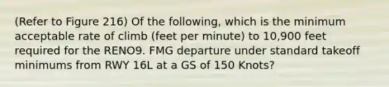 (Refer to Figure 216) Of the following, which is the minimum acceptable rate of climb (feet per minute) to 10,900 feet required for the RENO9. FMG departure under standard takeoff minimums from RWY 16L at a GS of 150 Knots?