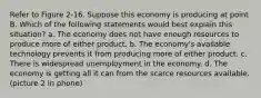 Refer to Figure 2-16. Suppose this economy is producing at point B. Which of the following statements would best explain this situation? a. The economy does not have enough resources to produce more of either product. b. The economy's available technology prevents it from producing more of either product. c. There is widespread unemployment in the economy. d. The economy is getting all it can from the scarce resources available. (picture 2 in phone)