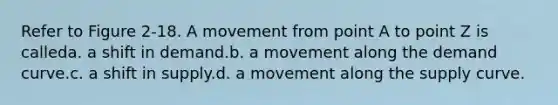 Refer to Figure 2-18. A movement from point A to point Z is calleda. a shift in demand.b. a movement along the demand curve.c. a shift in supply.d. a movement along the supply curve.