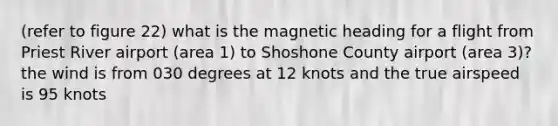 (refer to figure 22) what is the magnetic heading for a flight from Priest River airport (area 1) to Shoshone County airport (area 3)? the wind is from 030 degrees at 12 knots and the true airspeed is 95 knots