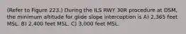 (Refer to Figure 223.) During the ILS RWY 30R procedure at DSM, the minimum altitude for glide slope interception is A) 2,365 feet MSL. B) 2,400 feet MSL. C) 3,000 feet MSL.