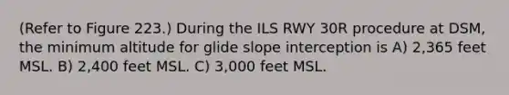 (Refer to Figure 223.) During the ILS RWY 30R procedure at DSM, the minimum altitude for glide slope interception is A) 2,365 feet MSL. B) 2,400 feet MSL. C) 3,000 feet MSL.