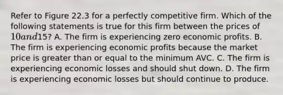 Refer to Figure 22.3 for a perfectly competitive firm. Which of the following statements is true for this firm between the prices of 10 and15? A. The firm is experiencing zero economic profits. B. The firm is experiencing economic profits because the market price is <a href='https://www.questionai.com/knowledge/kNDE5ipeE2-greater-than-or-equal-to' class='anchor-knowledge'>greater than or equal to</a> the minimum AVC. C. The firm is experiencing economic losses and should shut down. D. The firm is experiencing economic losses but should continue to produce.