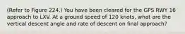 (Refer to Figure 224.) You have been cleared for the GPS RWY 16 approach to LXV. At a ground speed of 120 knots, what are the vertical descent angle and rate of descent on final approach?