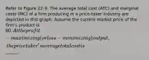 Refer to Figure 22-9. The average total cost (ATC) and marginal costs (MC) of a firm producing in a price-taker industry are depicted in this graph. Assume the current market price of the firm's product is 60. At the profit-maximizing (or loss-minimizing) output, the price taker's average total cost is______.