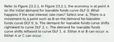 Refer to Figure 23.2.1. In Figure 23.2.1, the economy is at point A on the initial demand for loanable funds curve DLF 0. What happens if the real interest rate rises? Select one: a. There is a movement to a point such as B on the demand for loanable funds curve DLF 0. b. The demand for loanable funds curve shifts rightward to curve DLF 2. c. The demand for loanable funds curve shifts leftward to curve DLF 1. d. Either A or B can occur. e. Either A or C can occur.