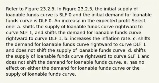 Refer to Figure 23.2.5. In Figure 23.2.5, the initial supply of loanable funds curve is SLF 0 and the initial demand for loanable funds curve is DLF 0. An increase in the expected profit Select one: a. shifts the supply of loanable funds curve rightward to curve SLF 1, and shifts the demand for loanable funds curve rightward to curve DLF 1. b. increases the inflation rate. c. shifts the demand for loanable funds curve rightward to curve DLF 1 and does not shift the supply of loanable funds curve. d. shifts the supply of loanable funds curve rightward to curve SLF 1 and does not shift the demand for loanable funds curve. e. has no effect on either the demand for loanable funds curve or the supply of loanable funds curve.