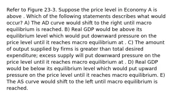 Refer to Figure 23-3. Suppose the price level in Economy A is above . Which of the following statements describes what would occur? A) The AD curve would shift to the right until macro equilibrium is reached. B) Real GDP would be above its equilibrium level which would put downward pressure on the price level until it reaches macro equilibrium at . C) The amount of output supplied by firms is <a href='https://www.questionai.com/knowledge/ktgHnBD4o3-greater-than' class='anchor-knowledge'>greater than</a> total desired expenditure; excess supply will put downward pressure on the price level until it reaches macro equilibrium at . D) Real GDP would be below its equilibrium level which would put upward pressure on the price level until it reaches macro equilibrium. E) The AS curve would shift to the left until macro equilibrium is reached.