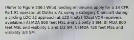 (Refer to Figure 236.) What landing minimums apply for a 14 CFR Part 91 operator at Dothan, AL using a category C aircraft during a circling LOC 32 approach at 120 knots? (Dual VOR receivers available.) A) MDA 860 feet MSL and visibility 2 SM. B) MDA 860 feet MSL and visibility 1 and 1/2 SM. C) MDA 720 feet MSL and visibility 3/4 SM.