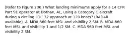 (Refer to Figure 236.) What landing minimums apply for a 14 CFR Part 91 operator at Dothan, AL, using a Category C aircraft during a circling LOC 32 approach at 120 knots? (RADAR available). A. MDA 860 feet MSL and visibility 2 SM. B. MDA 860 feet MSL and visibility 1 and 1/2 SM. C. MDA 960 feet MSL and visibility 2 SM.